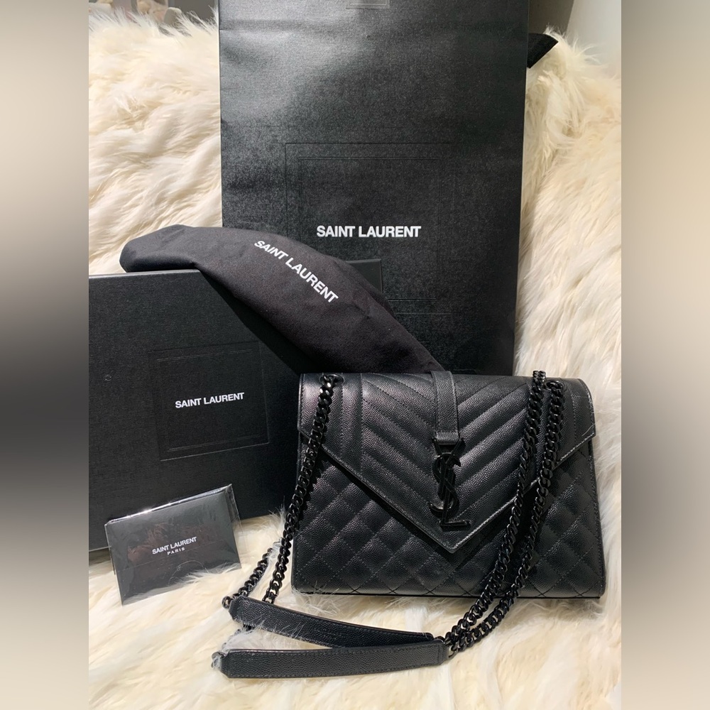 YSL Saint Laurent Envelope Medium Black Quilted Grain de Poudre